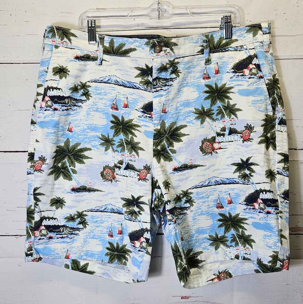 Nautica Men's Blue Sail Aloha Classic-Fit Stretch Tropical-Print 8-1/2" 38"